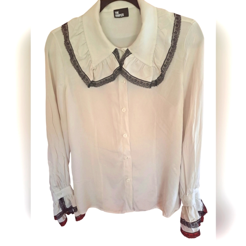 The Kooples 2 Edwardian Secretary Silk Blouse 2 Black Lace Trim Cosplay